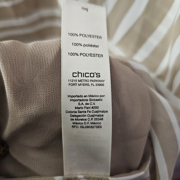 Chicos Beige White Neutral Print Chiffon Top Sz XL Roll Tab Sleeve Resort Office - Picture 5 of 6